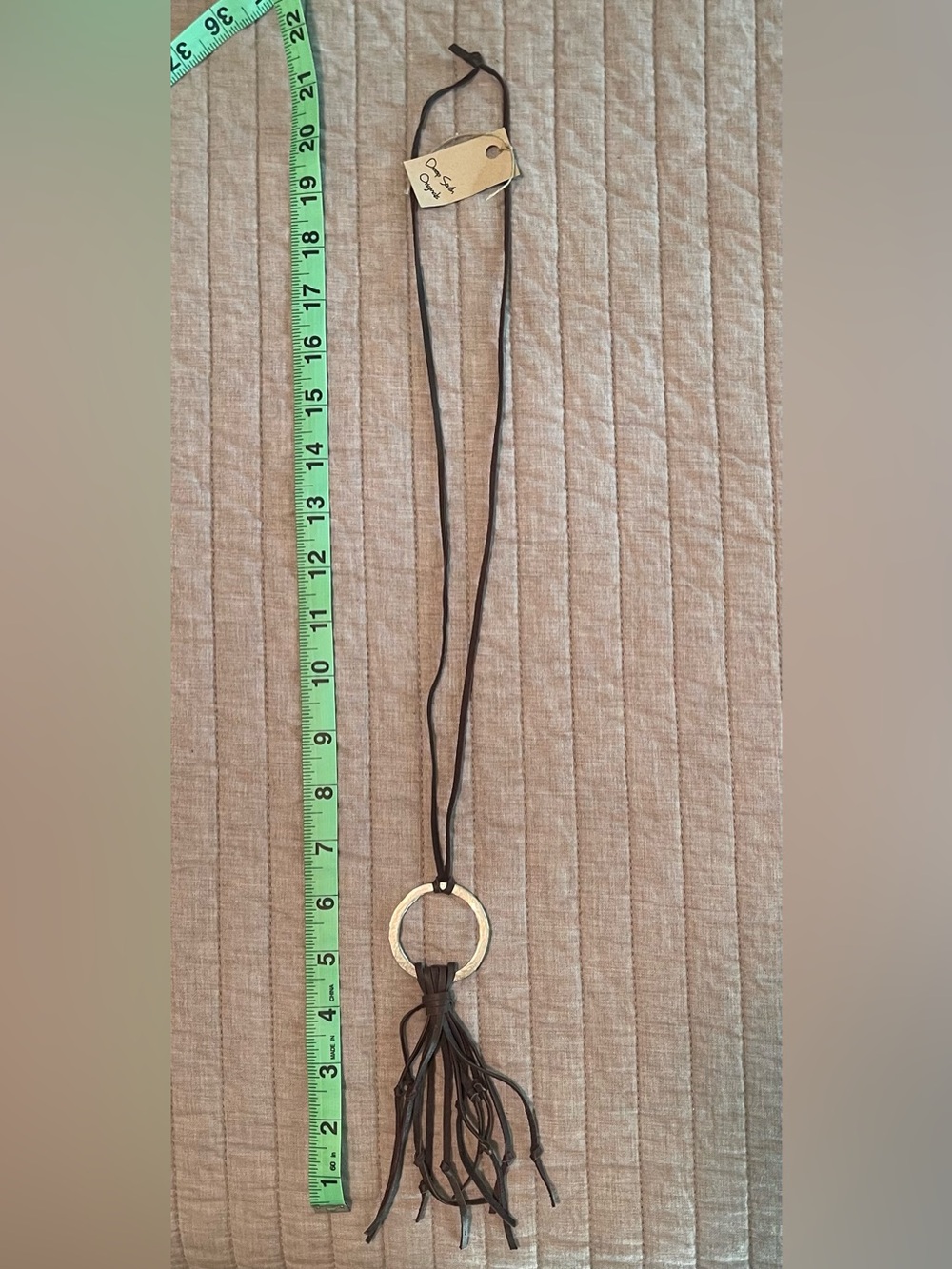 Long Brown Leather Tassel Necklace with Silver Ring Pendant
